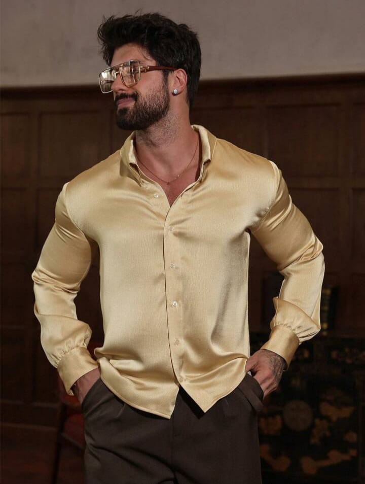 Apricot Glossy Casual Long Sleeve Shirt For Men